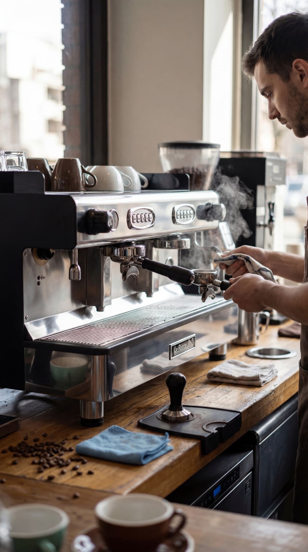 Barista preparando café con máquina La Rocca Java Pro II